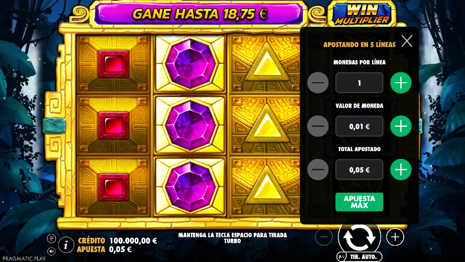 Aztec Gems — menú de apuesta